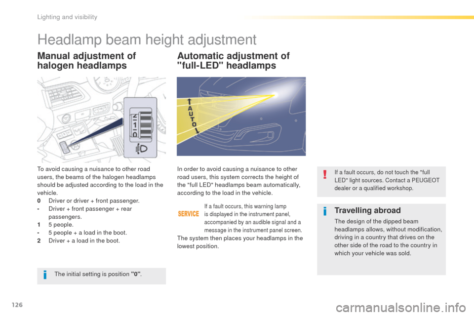 Peugeot 508 Hybrid 2016 Owners Manual 126
508_en_Chap04_eclairage-et-visibilite_ed01-2016
Manual adjustment of
halogen headlampsAutomatic adjustment of
"full-LED" headlamps
to avoid causing a nuisance to other road
users, the beams of Peugeot 508 Hybrid 2016 Owners Manual 126
508_en_Chap04_eclairage-et-visibilite_ed01-2016
Manual adjustment of
halogen headlampsAutomatic adjustment of
"full-LED" headlamps
to avoid causing a nuisance to other road
users, the beams of