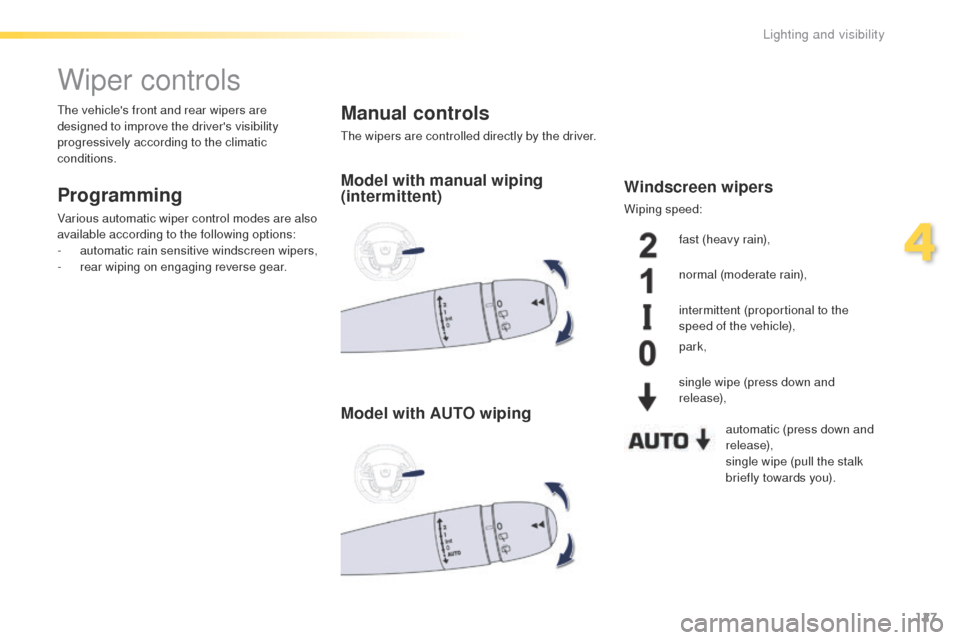 Peugeot 508 Hybrid 2016 Owners Manual 127
508_en_Chap04_eclairage-et-visibilite_ed01-2016
Wiper controls
Programming
Various automatic wiper control modes are also
available according to the following options:
-
a
utomatic rain sensitiv Peugeot 508 Hybrid 2016 Owners Manual 127
508_en_Chap04_eclairage-et-visibilite_ed01-2016
Wiper controls
Programming
Various automatic wiper control modes are also
available according to the following options:
-
a
utomatic rain sensitiv