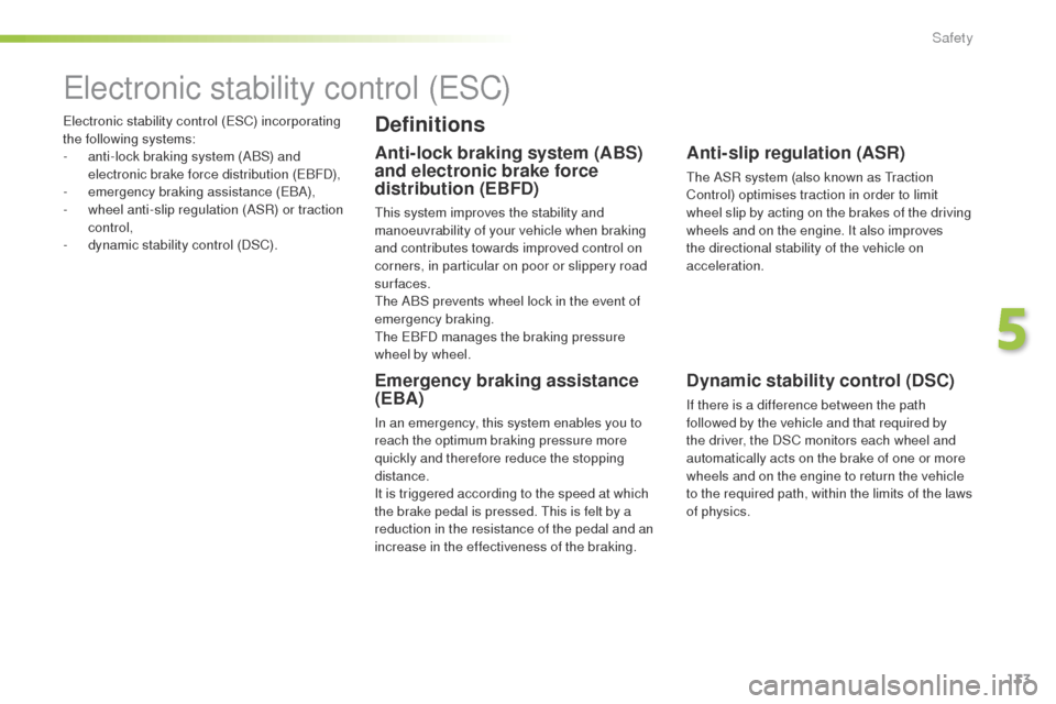 Peugeot 508 Hybrid 2016  Owners Manual 133
508_en_Chap05_securite_ed01-2016
electronic stability control (eSC) incorporating 
the following systems:
-
 
a
 nti-lock braking system (ABS) and 
electronic brake force distribution (
eB

FD),
-