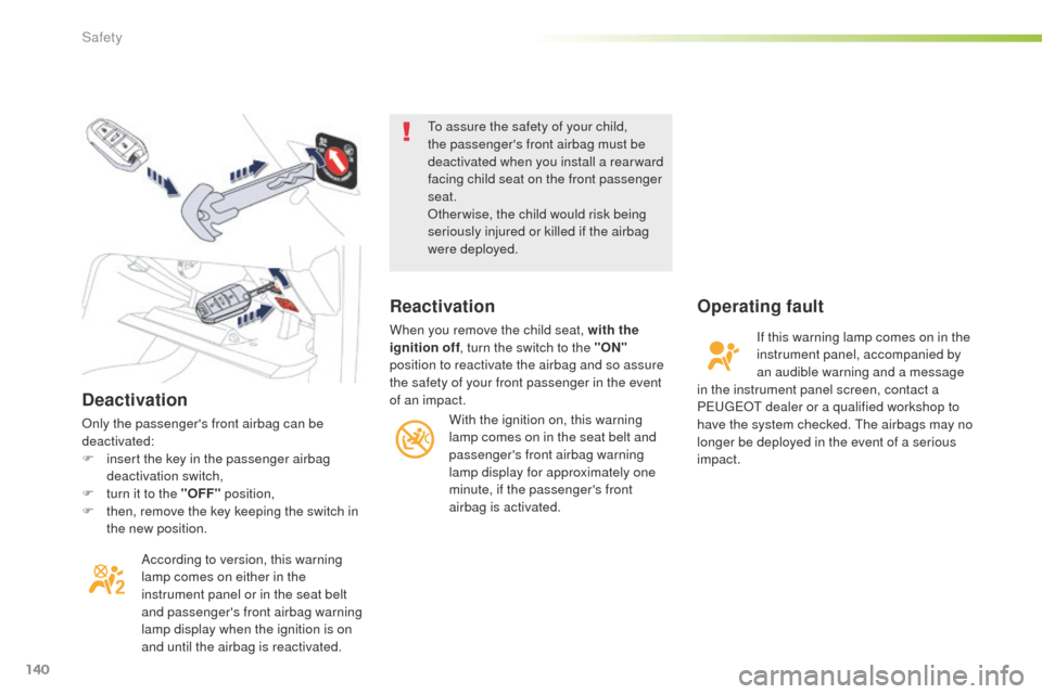 Peugeot 508 Hybrid 2016 Owners Manual 140
508_en_Chap05_securite_ed01-2016
Deactivation
Only the passengers front airbag can be
deactivated:
F
i
nsert the key in the passenger airbag
deactivation switch,
F
t
urn it to the "OFF" p Peugeot 508 Hybrid 2016 Owners Manual 140
508_en_Chap05_securite_ed01-2016
Deactivation
Only the passengers front airbag can be
deactivated:
F
i
nsert the key in the passenger airbag
deactivation switch,
F
t
urn it to the "OFF" p
