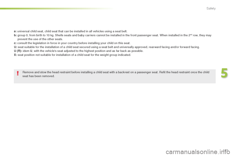Peugeot 508 Hybrid 2016  Owners Manual 151
508_en_Chap05_securite_ed01-2016
a: universal child seat, child seat that can be installed in all vehicles using a seat belt.
b:  
 g roup 0, from birth to 10 kg. Shells seats and baby carriers ca