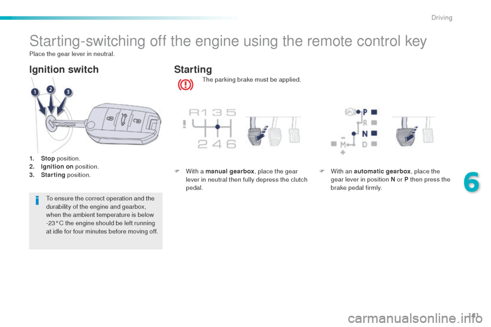 Peugeot 508 Hybrid 2016 Owners Manual 161
508_en_Chap06_conduite_ed01-2016
Starting-switching off the engine using the remote control key
the parking brake must be applied.
Starting
Ignition switch
to ensure the correct operation and the Peugeot 508 Hybrid 2016 Owners Manual 161
508_en_Chap06_conduite_ed01-2016
Starting-switching off the engine using the remote control key
the parking brake must be applied.
Starting
Ignition switch
to ensure the correct operation and the