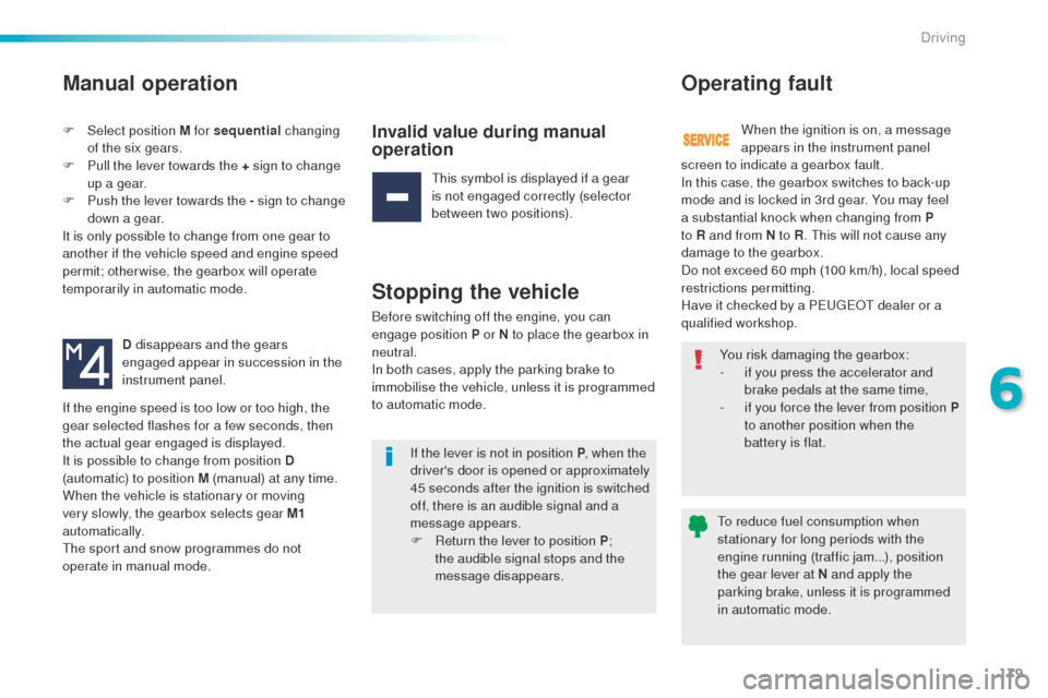 Peugeot 508 Hybrid 2016  Owners Manual 179
508_en_Chap06_conduite_ed01-2016
Manual operation
F Select position M for sequential changing 
of the six gears.
F
 
P
 ull the lever towards the + sign to change 
up a gear.
F
 
P
 ush the lever 
