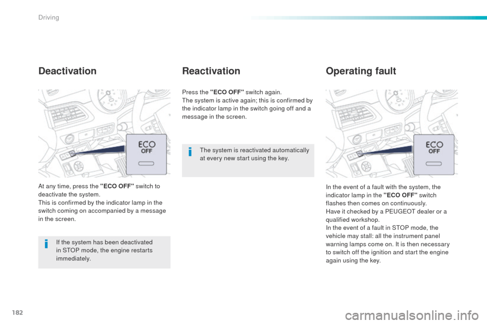 Peugeot 508 Hybrid 2016 Owners Manual 182
508_en_Chap06_conduite_ed01-2016
the system is reactivated automatically
at every new start using the key.
Reactivation
Press the "ECO OFF" switch again.the system is active again; this is confir Peugeot 508 Hybrid 2016 Owners Manual 182
508_en_Chap06_conduite_ed01-2016
the system is reactivated automatically
at every new start using the key.
Reactivation
Press the "ECO OFF" switch again.the system is active again; this is confir