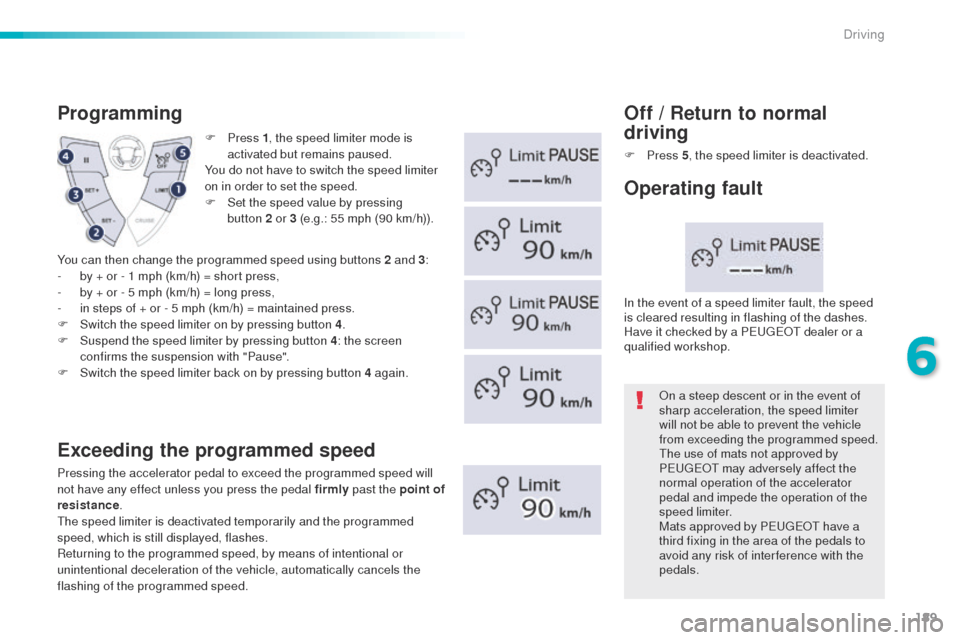 Peugeot 508 Hybrid 2016  Owners Manual 189
508_en_Chap06_conduite_ed01-2016
F Press 1, t he speed limiter mode is 
activated but remains paused.
You do not have to switch the speed limiter 
on in order to set the speed.
F
 
S
 et the speed