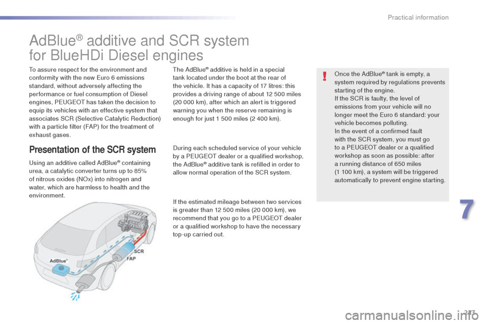 Peugeot 508 Hybrid 2016  Owners Manual 223
508_en_Chap07_info-pratiques_ed01-2016
AdBlue® additive and SCR system
for BlueHDi Diesel engines
to assure respect for the environment and 
conformity with the new 
eu ro 6 emissions 
standard, 