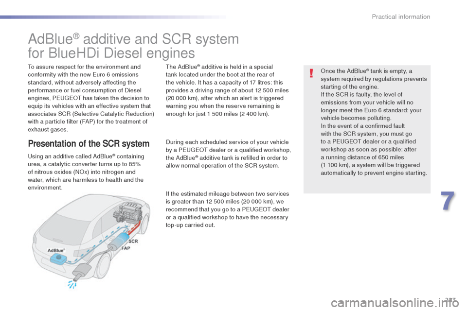 Peugeot 508 Hybrid 2016 Owners Manual 223
508_en_Chap07_info-pratiques_ed01-2016
AdBlue® additive and SCR system
for BlueHDi Diesel engines
to assure respect for the environment and
conformity with the new
eu ro 6 emissions
standard, Peugeot 508 Hybrid 2016 Owners Manual 223
508_en_Chap07_info-pratiques_ed01-2016
AdBlue® additive and SCR system
for BlueHDi Diesel engines
to assure respect for the environment and
conformity with the new
eu ro 6 emissions
standard,