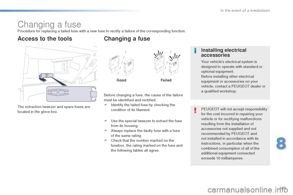 Peugeot 508 Hybrid 2016  Owners Manual 249
508_en_Chap08_en-cas-de-pannes_ed01-2016
Changing a fuseProcedure for replacing a failed fuse with a new fuse to rectify a failure of the corresponding function.
th
e extraction tweezer and spare 