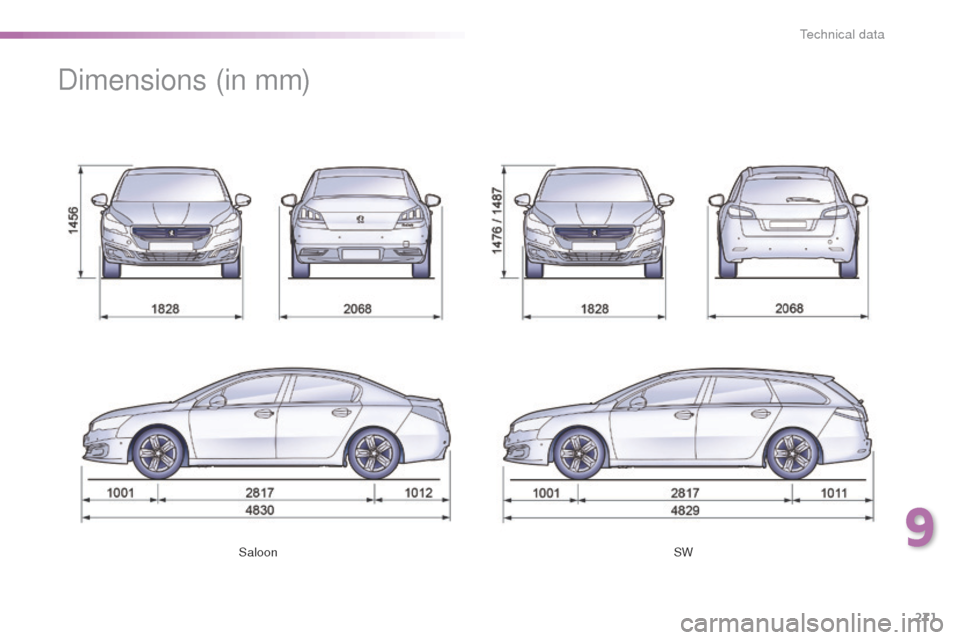 Peugeot 508 Hybrid 2016 Owners Manual 271
508_en_Chap09_caracteristiques-techniques_ed01-2016
SaloonSW
Dimensions (in mm)
9
technical data Peugeot 508 Hybrid 2016 Owners Manual 271
508_en_Chap09_caracteristiques-techniques_ed01-2016
SaloonSW
Dimensions (in mm)
9
technical data
