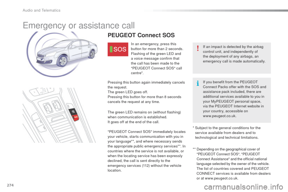 Peugeot 508 Hybrid 2016  Owners Manual 274
508_en_Chap10a_BtA_ed01-2016
emergency or assistance call
If an impact is detected by the airbag 
control unit, and independently of 
the deployment of any airbags, an 
emergency call is made auto