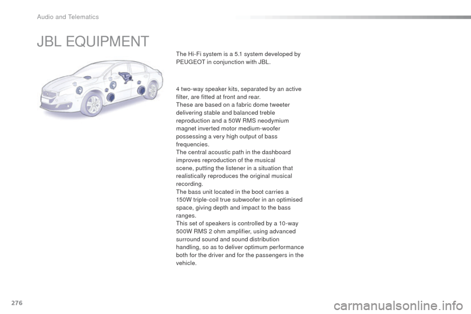 Peugeot 508 Hybrid 2016 Owners Manual 276
508_en_Chap10b_JBL_ed01-2016
JBL eQuIPMeNt
the Hi-Fi system is a 5.1 system developed by
PeugeOt in conjunction with JBL.
4 two-way speaker kits, separated by an active
filter, are fitted at fr Peugeot 508 Hybrid 2016 Owners Manual 276
508_en_Chap10b_JBL_ed01-2016
JBL eQuIPMeNt
the Hi-Fi system is a 5.1 system developed by
PeugeOt in conjunction with JBL.
4 two-way speaker kits, separated by an active
filter, are fitted at fr