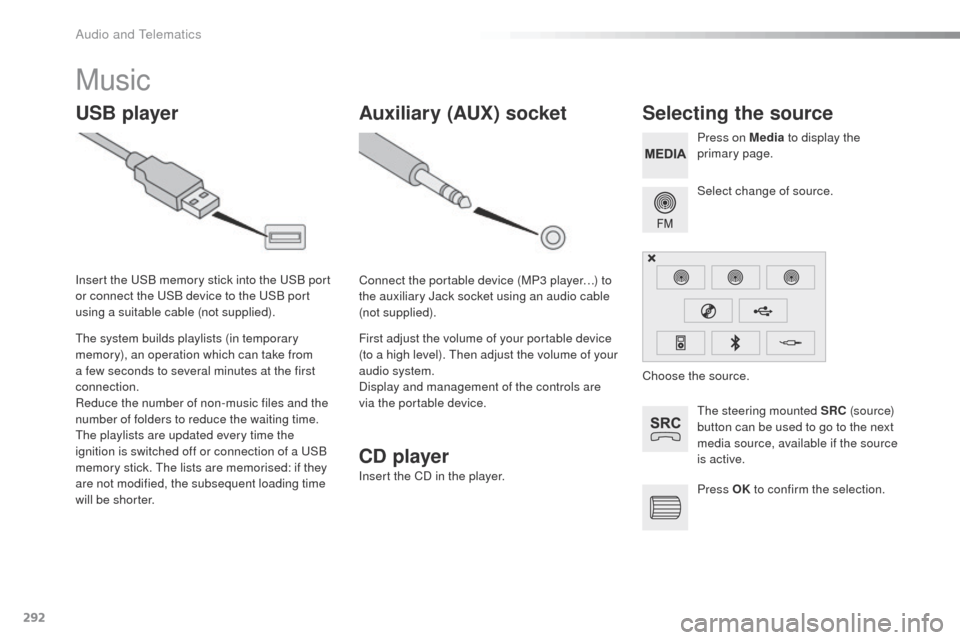 Peugeot 508 Hybrid 2016 Owners Manual 292
508_en_Chap10c_SMegplus_ed01-2016
Music
USB playerSelecting the source
the steering mounted SRC (s o u r c e)
button can be used to go to the next
media source, available if the source
is activ Peugeot 508 Hybrid 2016 Owners Manual 292
508_en_Chap10c_SMegplus_ed01-2016
Music
USB playerSelecting the source
the steering mounted SRC (s o u r c e)
button can be used to go to the next
media source, available if the source
is activ