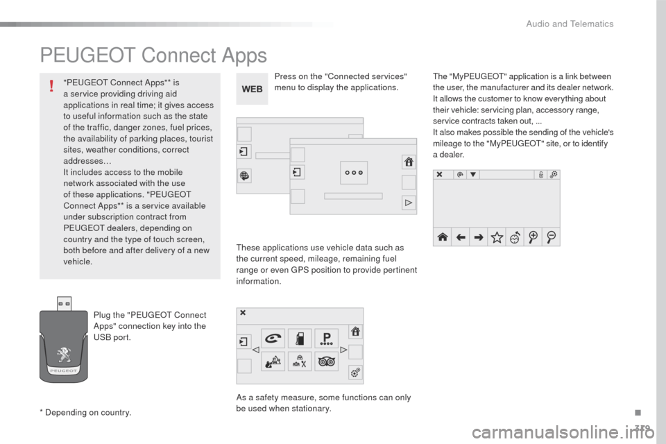 Peugeot 508 Hybrid 2016 Owners Manual 319
508_en_Chap10c_SMegplus_ed01-2016
PeugeOt Connect Apps
these applications use vehicle data such as
the current speed, mileage, remaining fuel
range or even
g
P
S position to provide pertinent Peugeot 508 Hybrid 2016 Owners Manual 319
508_en_Chap10c_SMegplus_ed01-2016
PeugeOt Connect Apps
these applications use vehicle data such as
the current speed, mileage, remaining fuel
range or even
g
P
S position to provide pertinent