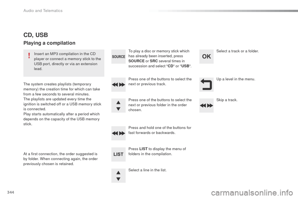 Peugeot 508 Hybrid 2016 Owners Manual 344
508_en_Chap10d_RD5_ed01-2016
up a level in the menu.
Select a line in the list. Press one of the buttons to select the
next or previous track.
Press and hold one of the buttons for
fast forwards Peugeot 508 Hybrid 2016 Owners Manual 344
508_en_Chap10d_RD5_ed01-2016
up a level in the menu.
Select a line in the list. Press one of the buttons to select the
next or previous track.
Press and hold one of the buttons for
fast forwards