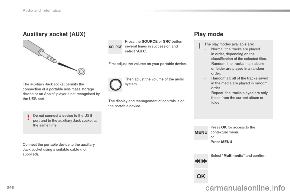 Peugeot 508 Hybrid 2016 Owners Manual 346
508_en_Chap10d_RD5_ed01-2016
then adjust the volume of the audio
system. Press the SOURCE or SRC button
several times in succession and
select " AUX".
Auxiliary socket (AUX)
the auxiliary Jack Peugeot 508 Hybrid 2016 Owners Manual 346
508_en_Chap10d_RD5_ed01-2016
then adjust the volume of the audio
system. Press the SOURCE or SRC button
several times in succession and
select " AUX".
Auxiliary socket (AUX)
the auxiliary Jack