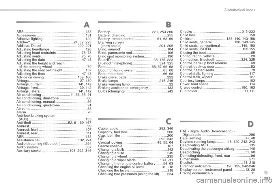 Peugeot 508 Hybrid 2016 Owners Manual 353
508_en_Chap11_index-alpha_ed01-2016
ABS ...............................................................13 3
Accessories .................................................. 131
Adaptive lighting
Peugeot 508 Hybrid 2016 Owners Manual 353
508_en_Chap11_index-alpha_ed01-2016
ABS ...............................................................13 3
Accessories .................................................. 131
Adaptive lighting