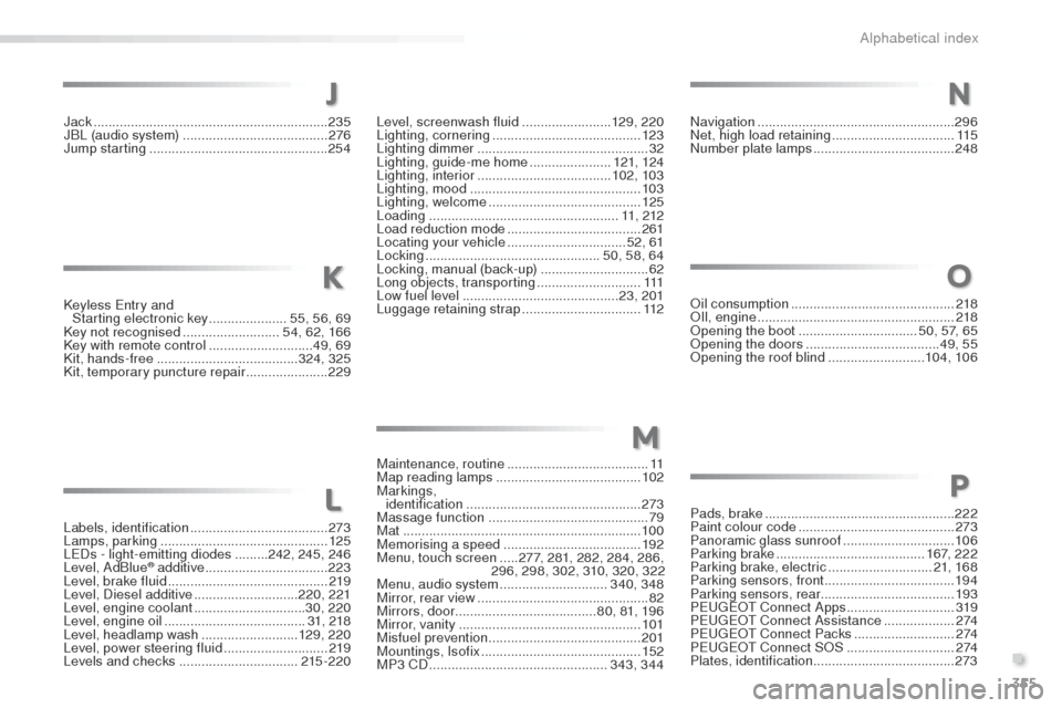Peugeot 508 Hybrid 2016 Owners Manual 355
508_en_Chap11_index-alpha_ed01-2016
Keyless entry and
Starting electronic key ..................... 5
5, 56, 69
Key not recognised
..........................54, 62, 166
Key with remote control Peugeot 508 Hybrid 2016 Owners Manual 355
508_en_Chap11_index-alpha_ed01-2016
Keyless entry and
Starting electronic key ..................... 5
5, 56, 69
Key not recognised
..........................54, 62, 166
Key with remote control