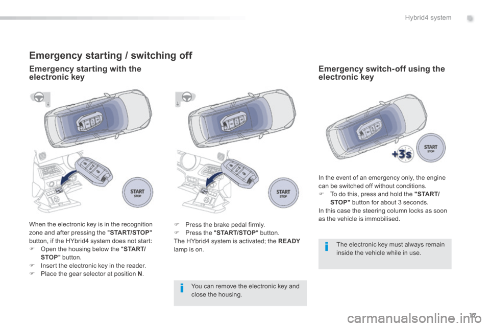 Peugeot 508 Hybrid 2016 Owners Manual 17
.Hybrid4 system
508HY-comp_en_Chap00b_hybrid_ed01-2016
Emergency starting / switching off
Emergency starting with the electronic key Emergency switch-off using the electronic key
In the even Peugeot 508 Hybrid 2016 Owners Manual 17
.Hybrid4 system
508HY-comp_en_Chap00b_hybrid_ed01-2016
Emergency starting / switching off
Emergency starting with the electronic key Emergency switch-off using the electronic key
In the even