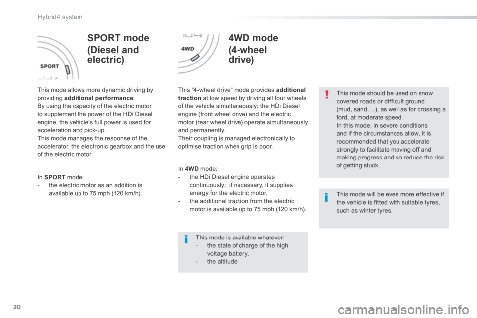 Peugeot 508 Hybrid 2016 Owners Manual 20
Hybrid4 system
508HY-comp_en_Chap00b_hybrid_ed01-2016
S P O R T m o d e
(Diesel and
electric)
This mode allows more dynamic driving by providing additional performance . By using the c Peugeot 508 Hybrid 2016 Owners Manual 20
Hybrid4 system
508HY-comp_en_Chap00b_hybrid_ed01-2016
S P O R T m o d e
(Diesel and
electric)
This mode allows more dynamic driving by providing additional performance . By using the c