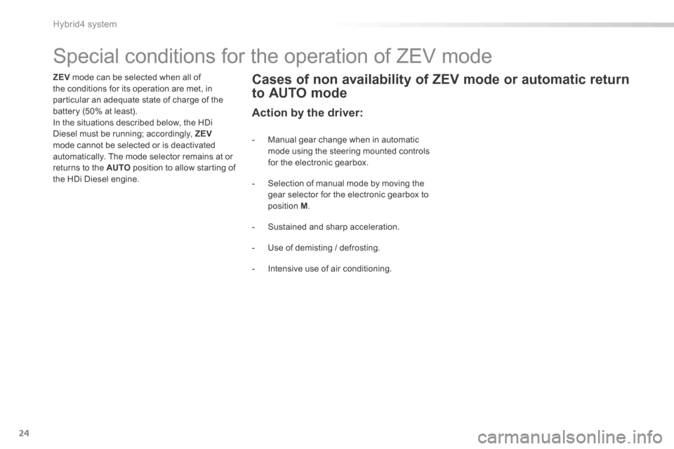 Peugeot 508 Hybrid 2016 Owners Manual 24
Hybrid4 system
508HY-comp_en_Chap00b_hybrid_ed01-2016
Special conditions for the operation of ZEV mode
ZEV mode can be selected when all of the conditions for its Peugeot 508 Hybrid 2016 Owners Manual 24
Hybrid4 system
508HY-comp_en_Chap00b_hybrid_ed01-2016
Special conditions for the operation of ZEV mode
ZEV mode can be selected when all of the conditions for its