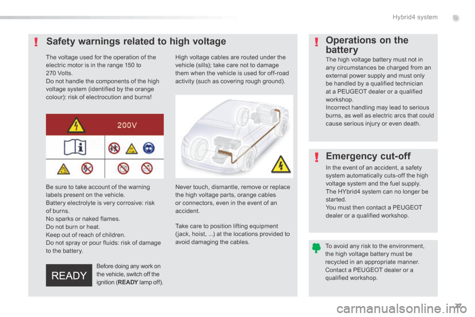 Peugeot 508 Hybrid 2016 Owners Manual 27
.Hybrid4 system
508HY-comp_en_Chap00b_hybrid_ed01-2016
Safety warnings related to high voltage
Before doing any work on the vehicle, switch off the ignition ( RE ADY lamp off). RE ADY la Peugeot 508 Hybrid 2016 Owners Manual 27
.Hybrid4 system
508HY-comp_en_Chap00b_hybrid_ed01-2016
Safety warnings related to high voltage
Before doing any work on the vehicle, switch off the ignition ( RE ADY lamp off). RE ADY la
