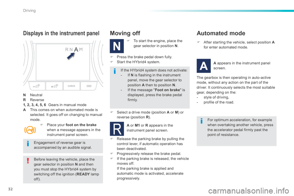 Peugeot 508 Hybrid 2016 Owners Manual 32
Driving
508HY-comp _en_Chap06_conduite_ed01-2016
Engagement of reverse gear is accompanied by an audible signal.
If the HYbrid4 system does not activate: - If N is flashing in the in Peugeot 508 Hybrid 2016 Owners Manual 32
Driving
508HY-comp _en_Chap06_conduite_ed01-2016
Engagement of reverse gear is accompanied by an audible signal.
If the HYbrid4 system does not activate: - If N is flashing in the in