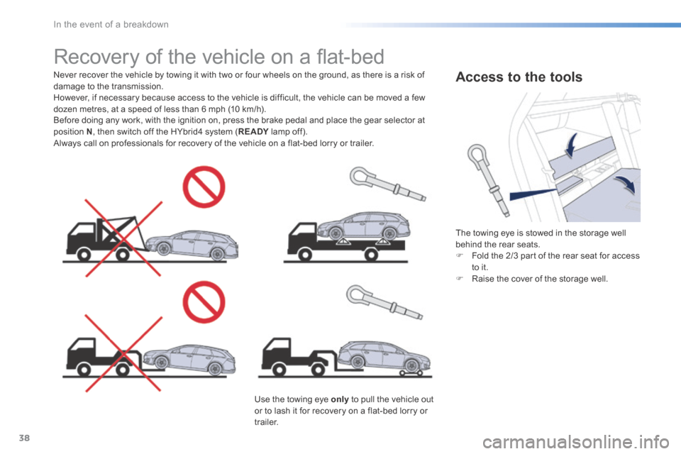 Peugeot 508 Hybrid 2016  Owners Manual 38
In the event of a breakdown
508HY-comp _en_Chap08_en-cas-de-pannes_ed01-2016
         Recovery of the vehicle on a ﬂ at-bed  
  Never recover the vehicle by towing it with two or four wheels on t