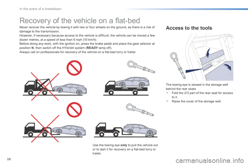 Peugeot 508 Hybrid 2016 Owners Manual 38
In the event of a breakdown
508HY-comp _en_Chap08_en-cas-de-pannes_ed01-2016
Recovery of the vehicle on a fl at-bed
Never recover the vehicle by towing it with two or four wheels on t Peugeot 508 Hybrid 2016 Owners Manual 38
In the event of a breakdown
508HY-comp _en_Chap08_en-cas-de-pannes_ed01-2016
Recovery of the vehicle on a fl at-bed
Never recover the vehicle by towing it with two or four wheels on t