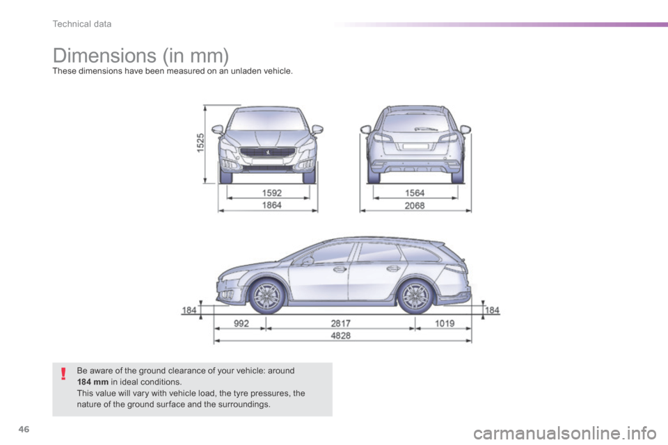 Peugeot 508 Hybrid 2016 User Guide 46
Technical data
508HY-comp _en_Chap09_caracteristiques-techniques_ed01-2016
      
Dimensions (in mm)  These dimensions have been measured on an unladen vehicle. 
Be aware of the ground clearance of