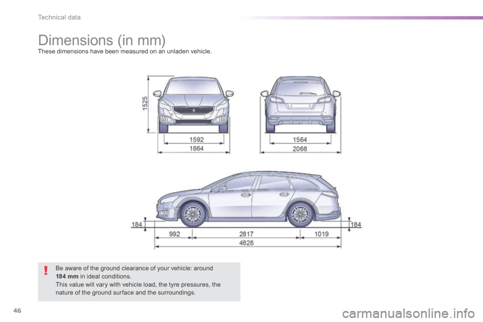 Peugeot 508 Hybrid 2016 Owners Manual 46
Technical data
508HY-comp _en_Chap09_caracteristiques-techniques_ed01-2016
Dimensions (in mm) These dimensions have been measured on an unladen vehicle.
Be aware of the ground clearance of Peugeot 508 Hybrid 2016 Owners Manual 46
Technical data
508HY-comp _en_Chap09_caracteristiques-techniques_ed01-2016
Dimensions (in mm) These dimensions have been measured on an unladen vehicle.
Be aware of the ground clearance of