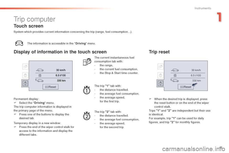 Peugeot 508 Hybrid 2016  Owners Manual 41
508 _en_Chap01_instrument-bord_ed01-2016
tr i p  c o m p u t e r
the information is accessible in the "Driving" menu.
Permanent display:
F
 
Sel

ect the " Driving" menu.
th

e trip computer inform