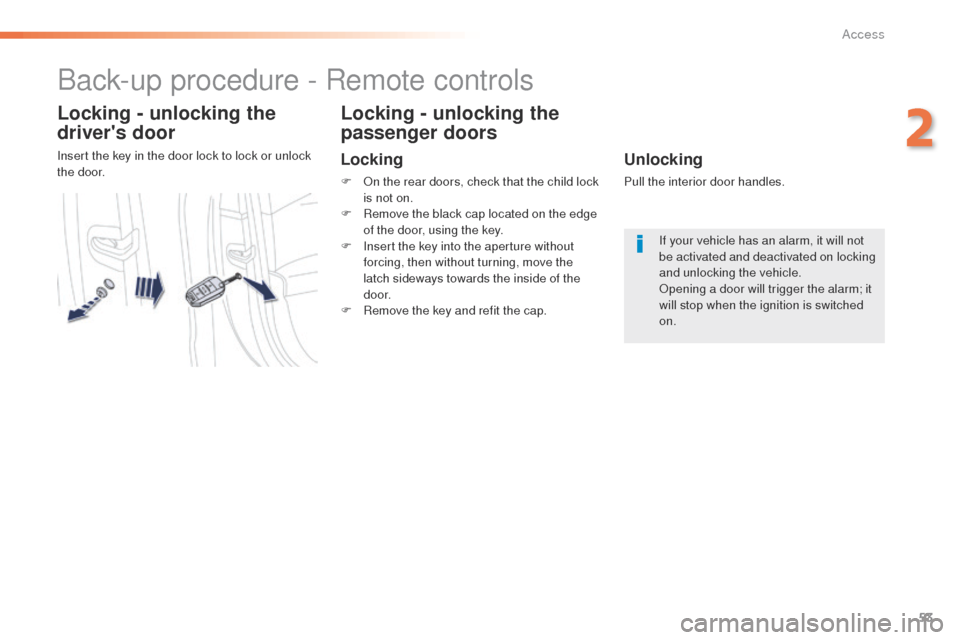 Peugeot 508 Hybrid 2016  Owners Manual 53
508_en_Chap02_ouvertures_ed01-2016
Back-up procedure - Remote controls
Locking - unlocking the 
drivers door
Insert the key in the door lock to lock or unlock 
the door.
Locking - unlocking the 
p