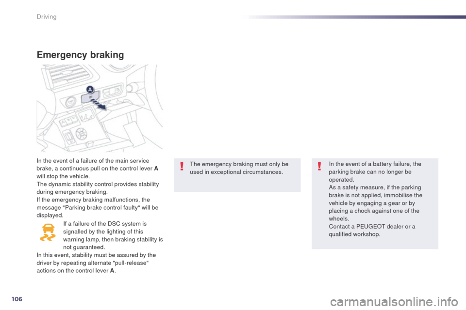 Peugeot 508 Hybrid 2014 Owners Guide 106
Emergency braking
In the event of a failure of the main service 
brake, a continuous pull on the control lever A 
will stop the vehicle.
th
e dynamic stability control provides stability 
during e