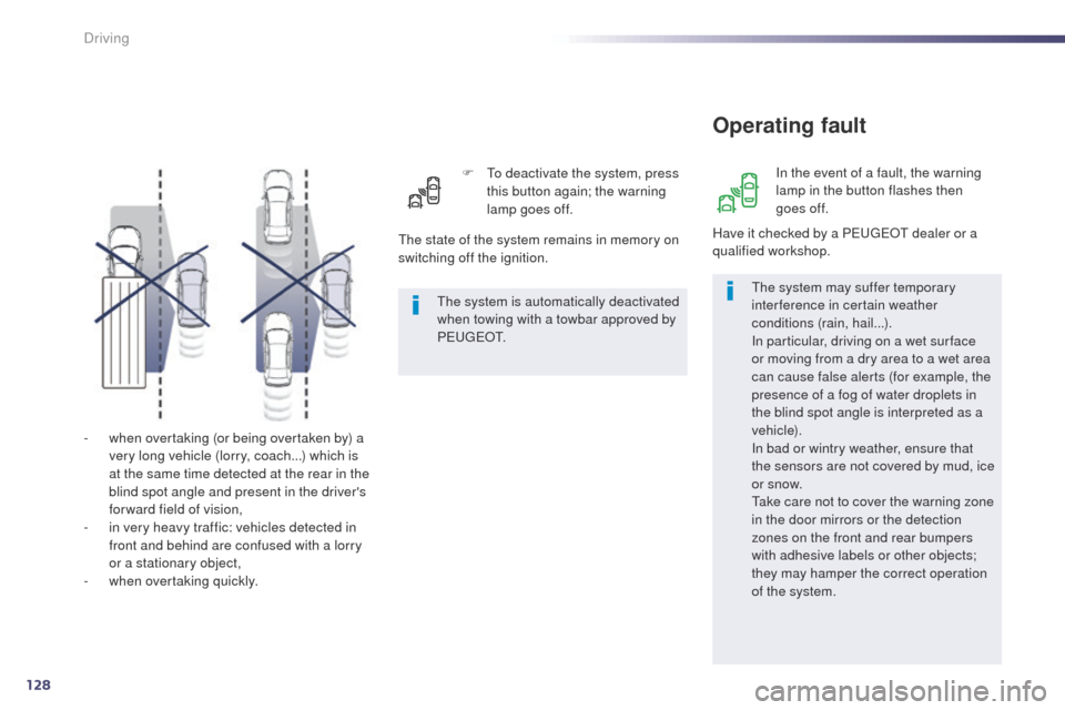 Peugeot 508 Hybrid 2014 Service Manual 128
- when overtaking (or being overtaken by) a very long vehicle (lorry, coach...) which is 
at the same time detected at the rear in the 
blind spot angle and present in the drivers 
forward field 