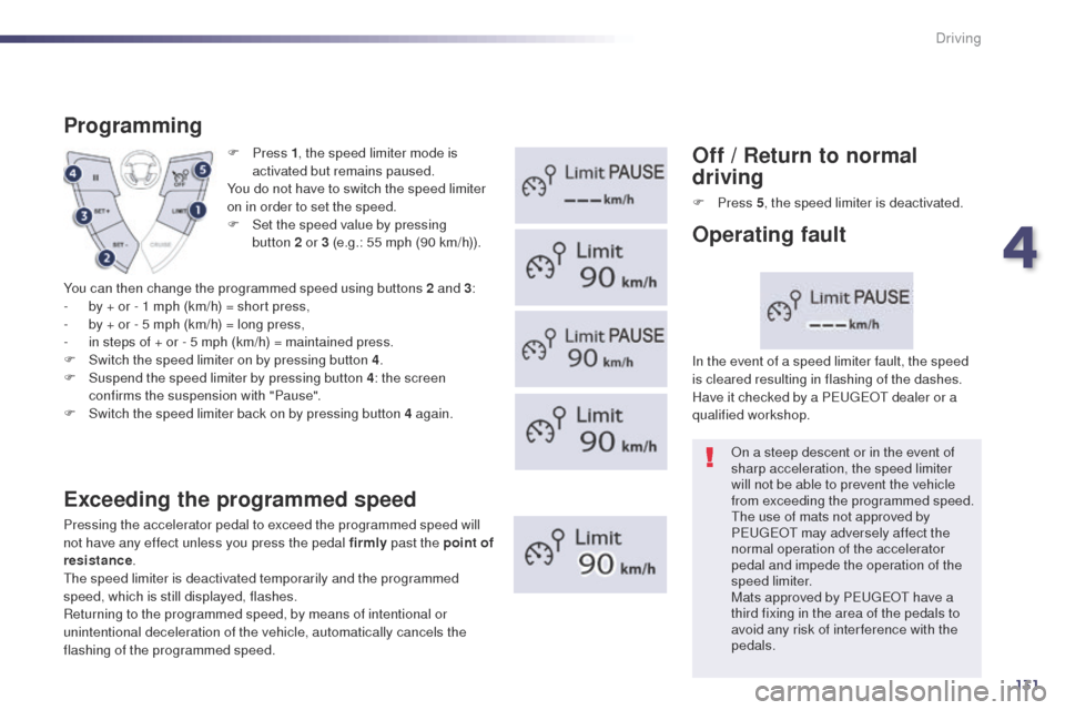 Peugeot 508 Hybrid 2014 Owners Manual 131
F Press 1, t he speed limiter mode is
activated but remains paused.
You do not have to switch the speed limiter
on in order to set the speed.
F
S
et the speed value by pressing
button
2 or Peugeot 508 Hybrid 2014 Owners Manual 131
F Press 1, t he speed limiter mode is
activated but remains paused.
You do not have to switch the speed limiter
on in order to set the speed.
F
S
et the speed value by pressing
button
2 or