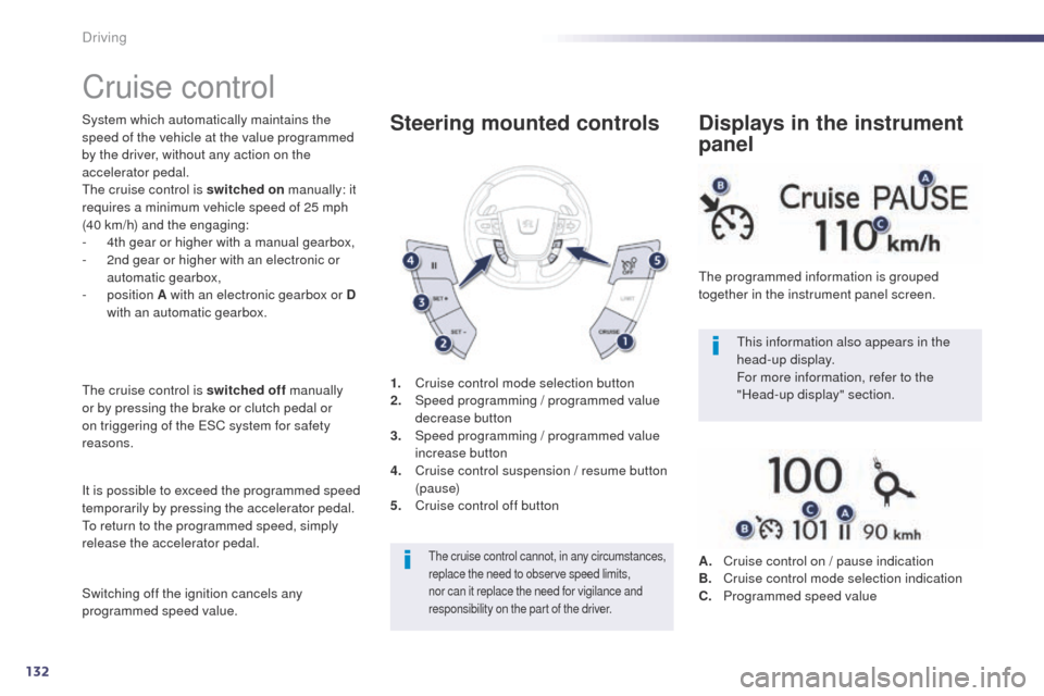 Peugeot 508 Hybrid 2014 Owners Manual 132
Cruise control
System which automatically maintains the
speed of the vehicle at the value programmed
by the driver, without any action on the
accelerator pedal.
th
e cruise control is switched Peugeot 508 Hybrid 2014 Owners Manual 132
Cruise control
System which automatically maintains the
speed of the vehicle at the value programmed
by the driver, without any action on the
accelerator pedal.
th
e cruise control is switched