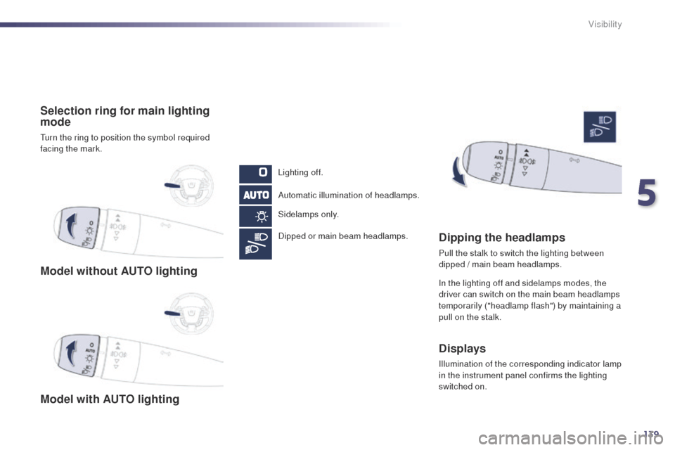 Peugeot 508 Hybrid 2014 Owners Manual 139
508_en_Chap05_visibilite_ed02-2014
Model without AUTO lighting
Model with AUTO lighting Selection ring for main lighting
mode
turn the ring to position the symbol required
facing the mark.Lighti Peugeot 508 Hybrid 2014 Owners Manual 139
508_en_Chap05_visibilite_ed02-2014
Model without AUTO lighting
Model with AUTO lighting Selection ring for main lighting
mode
turn the ring to position the symbol required
facing the mark.Lighti