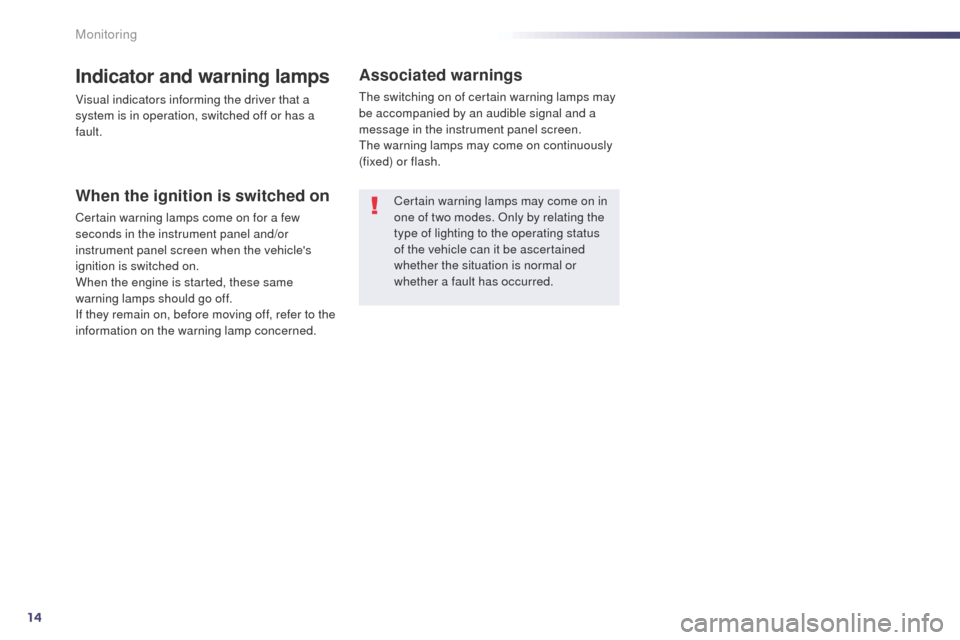 Peugeot 508 Hybrid 2014  Owners Manual 14
Indicator and warning lamps
Visual indicators informing the driver that a 
system is in operation, switched off or has a 
fault.
When the ignition is switched on
Certain warning lamps come on for a