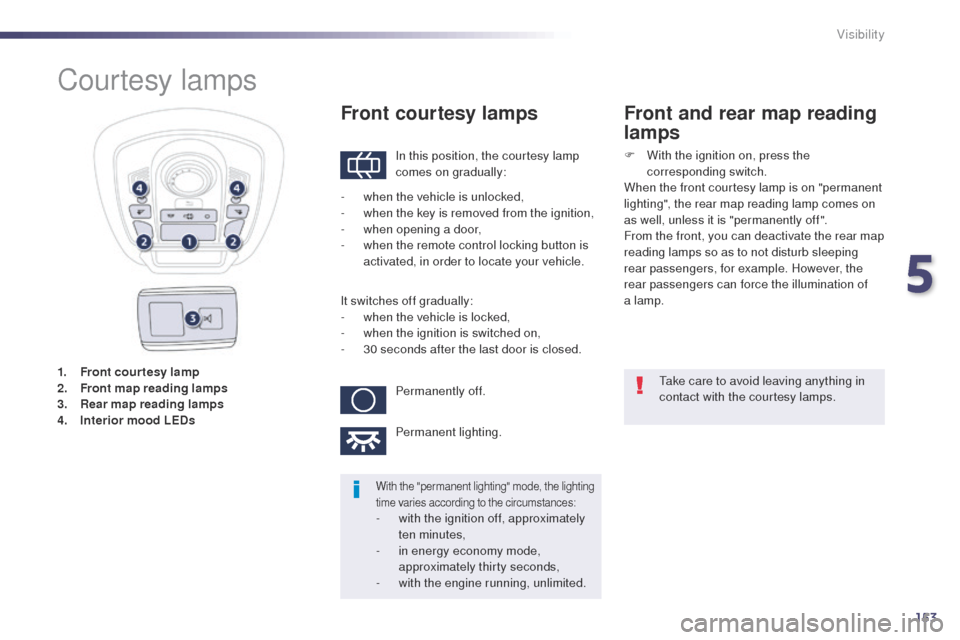 Peugeot 508 Hybrid 2014  Owners Manual 153
508_en_Chap05_visibilite_ed02-2014
1. Front courtesy lamp
2. Front map reading lamps
3.
 R

ear map reading lamps
4.
 I

nterior mood LEDs
Courtesy lamps
In this position, the courtesy lamp 
comes