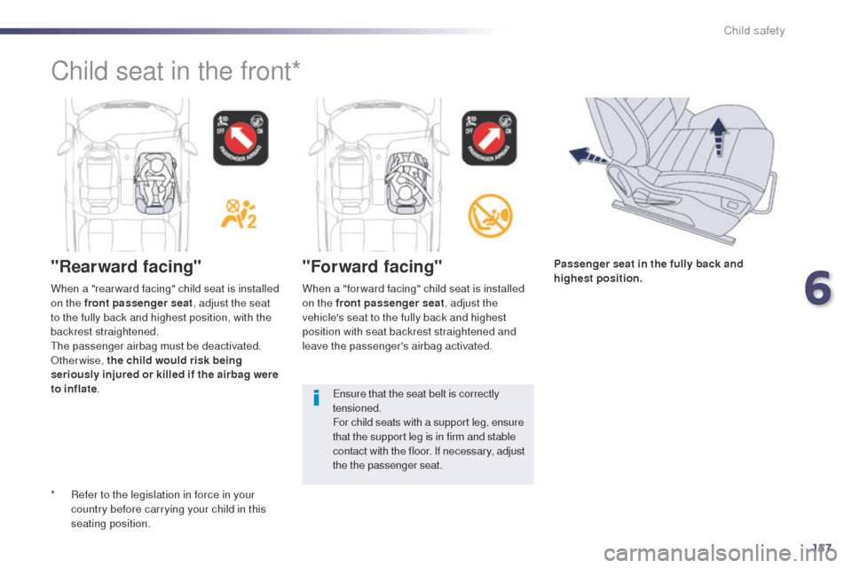 Peugeot 508 Hybrid 2014  Owners Manual 157
508_en_Chap06_securite-enfants_ed02-2014
"Rearward facing""Forward facing"
When a "for ward facing" child seat is installed 
on the front passenger seat, adjust the 
vehicles seat to the fully ba