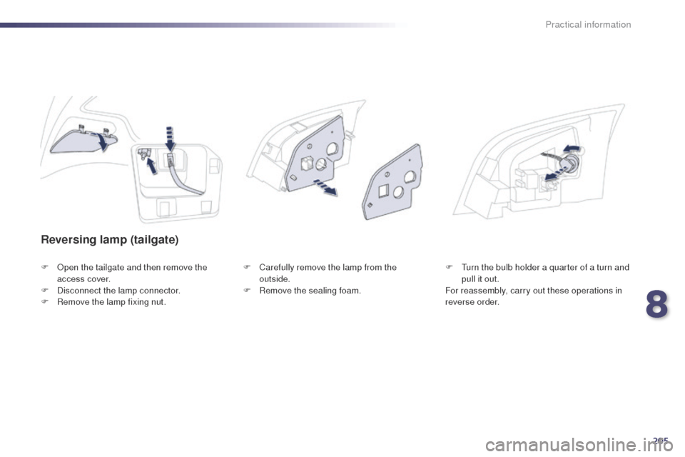 Peugeot 508 Hybrid 2014  Owners Manual 205
508_en_Chap08_info-pratiques_ed02-2014
Reversing lamp (tailgate)
F Open the tailgate and then remove the access cover.
F
 
D
 isconnect the lamp connector.
F
 
R
 emove the lamp fixing nut. F
 C a