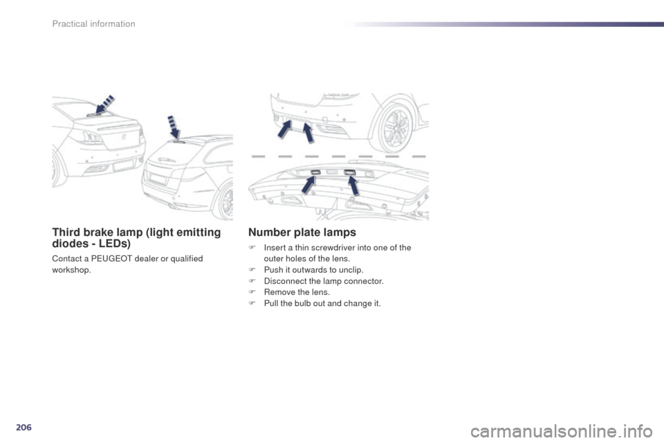 Peugeot 508 Hybrid 2014  Owners Manual 206
508_en_Chap08_info-pratiques_ed02-2014
Third brake lamp (light emitting 
diodes - LEDs)
Contact a PeugeOt  dealer or qualified 
workshop.
Number plate lamps
F Insert a thin screwdriver into one of