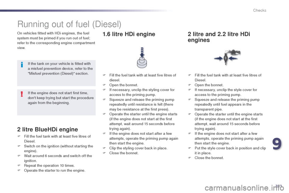 Peugeot 508 Hybrid 2014  Owners Manual 231
508_en_Chap09_verifications_ed02-2014
On vehicles fitted with HDi engines, the fuel 
system must be primed if you run out of fuel; 
refer to the corresponding engine compartment 
view.
Running out