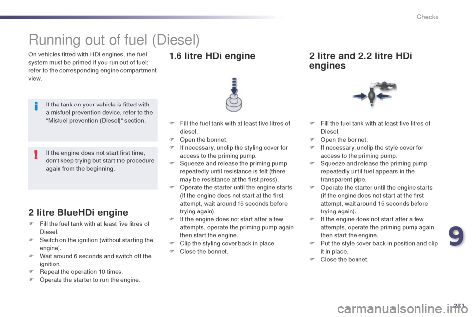 Peugeot 508 Hybrid 2014 Owners Manual 231
508_en_Chap09_verifications_ed02-2014
On vehicles fitted with HDi engines, the fuel
system must be primed if you run out of fuel;
refer to the corresponding engine compartment
view.
Running out Peugeot 508 Hybrid 2014 Owners Manual 231
508_en_Chap09_verifications_ed02-2014
On vehicles fitted with HDi engines, the fuel
system must be primed if you run out of fuel;
refer to the corresponding engine compartment
view.
Running out