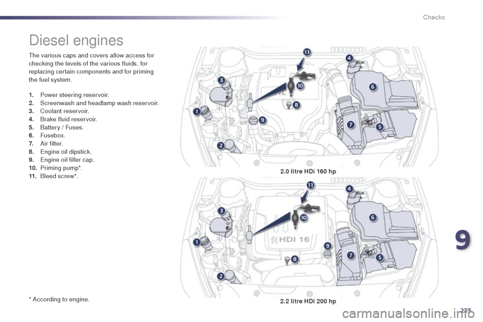 Peugeot 508 Hybrid 2014  Owners Manual 235
508_en_Chap09_verifications_ed02-2014
the various caps and covers allow access for 
checking the levels of the various fluids, for 
replacing certain components and for priming 
the fuel system.
*