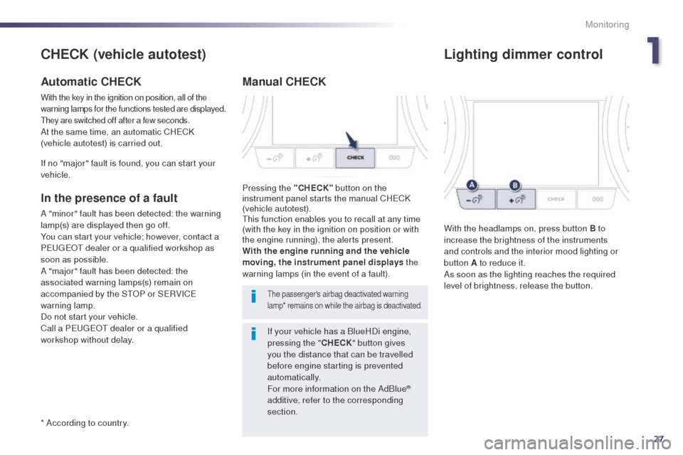 Peugeot 508 Hybrid 2014  Owners Manual 27
* According to country.
CHECK (vehicle autotest)
Automatic CHECK
With the key in the ignition on position, all of the 
warning lamps for the functions tested are displayed. 
th
ey are switched off 