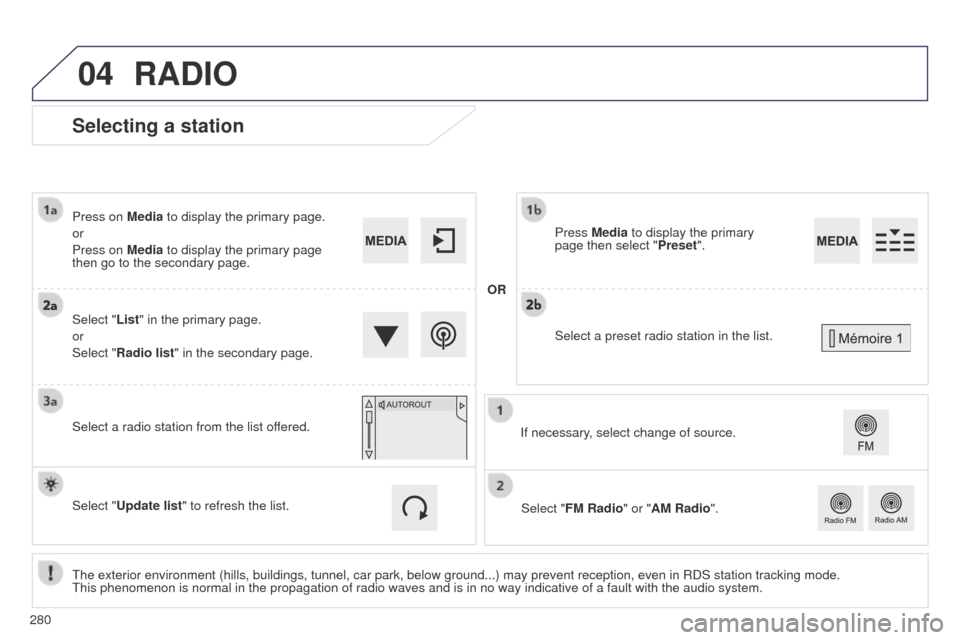 Peugeot 508 Hybrid 2014 Owners Manual 280
04
508_en_Chap11c_SMegplus-i_ed02-2014
Selecting a station
the exterior environment (hills, buildings, tunnel, car park, below grou\
nd...) may prevent reception, even in RDS station tracking mode Peugeot 508 Hybrid 2014 Owners Manual 280
04
508_en_Chap11c_SMegplus-i_ed02-2014
Selecting a station
the exterior environment (hills, buildings, tunnel, car park, below grou\
nd...) may prevent reception, even in RDS station tracking mode