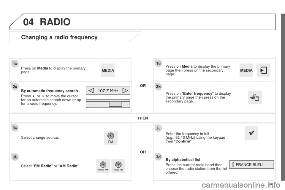 Peugeot 508 Hybrid 2014 Owners Manual 281
04
508_en_Chap11c_SMegplus-i_ed02-2014
Changing a radio frequency
By alphabetical list
Press the current radio band then
choose the radio station from the list
offered. Press on Media to display Peugeot 508 Hybrid 2014 Owners Manual 281
04
508_en_Chap11c_SMegplus-i_ed02-2014
Changing a radio frequency
By alphabetical list
Press the current radio band then
choose the radio station from the list
offered. Press on Media to display