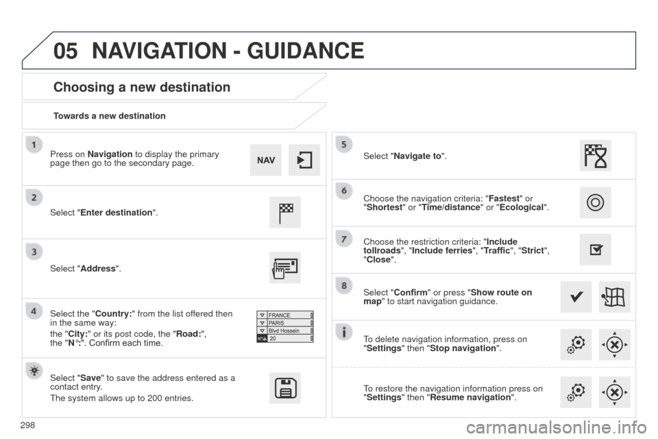 Peugeot 508 Hybrid 2014  Owners Manual 298
05
508_en_Chap11c_SMegplus-i_ed02-2014
Towards a new destination
Choosing a new destination
Select "Enter destination".
Select "Save" to save the address entered as a 
contact entry.
t
he system a