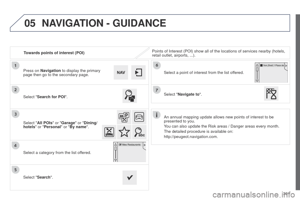 Peugeot 508 Hybrid 2014  Owners Manual 301
05
508_en_Chap11c_SMegplus-i_ed02-2014
Towards points of interest (POI)Points of Interest (POI) show all of the locations of services nearby \
(hotels, 
retail outlet, airports, ...).
Select "Sear